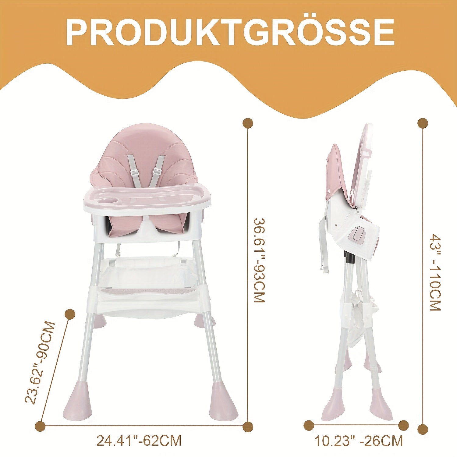 Chaise Haute Bébé 3-en-1 Hauteur Réglable 3 Positions d'Inclinaison Siège à Bascule Convertible Chaise Haute Portable Chaise à Bascule Pliable Chaises de Repas pour Bébé avec Plateau Amovible