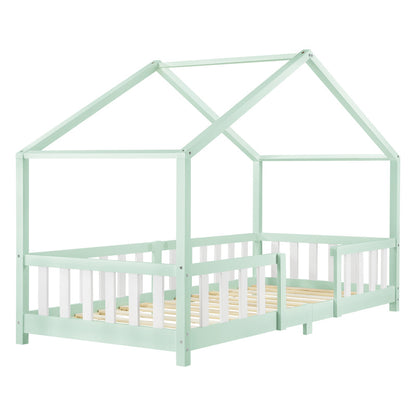 Lit pour enfants Treviolo de style maison avec protection contre les chutes en bois de pin