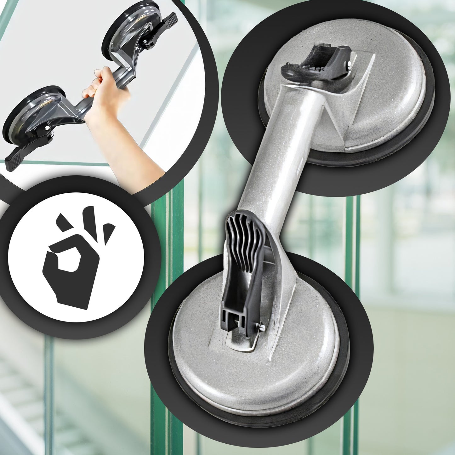 Double Ventouse pour Verre, Vitrage de Carrelage, Supports en Aluminium, Releveur Professionnel avec Levier Mécanique, Surface Antidérapante, Diamètre 2x11,5 cm, Capacité de Charge 60–100 kg, Corps Robuste en Aluminium, Poignée Ergonomique pour Transport