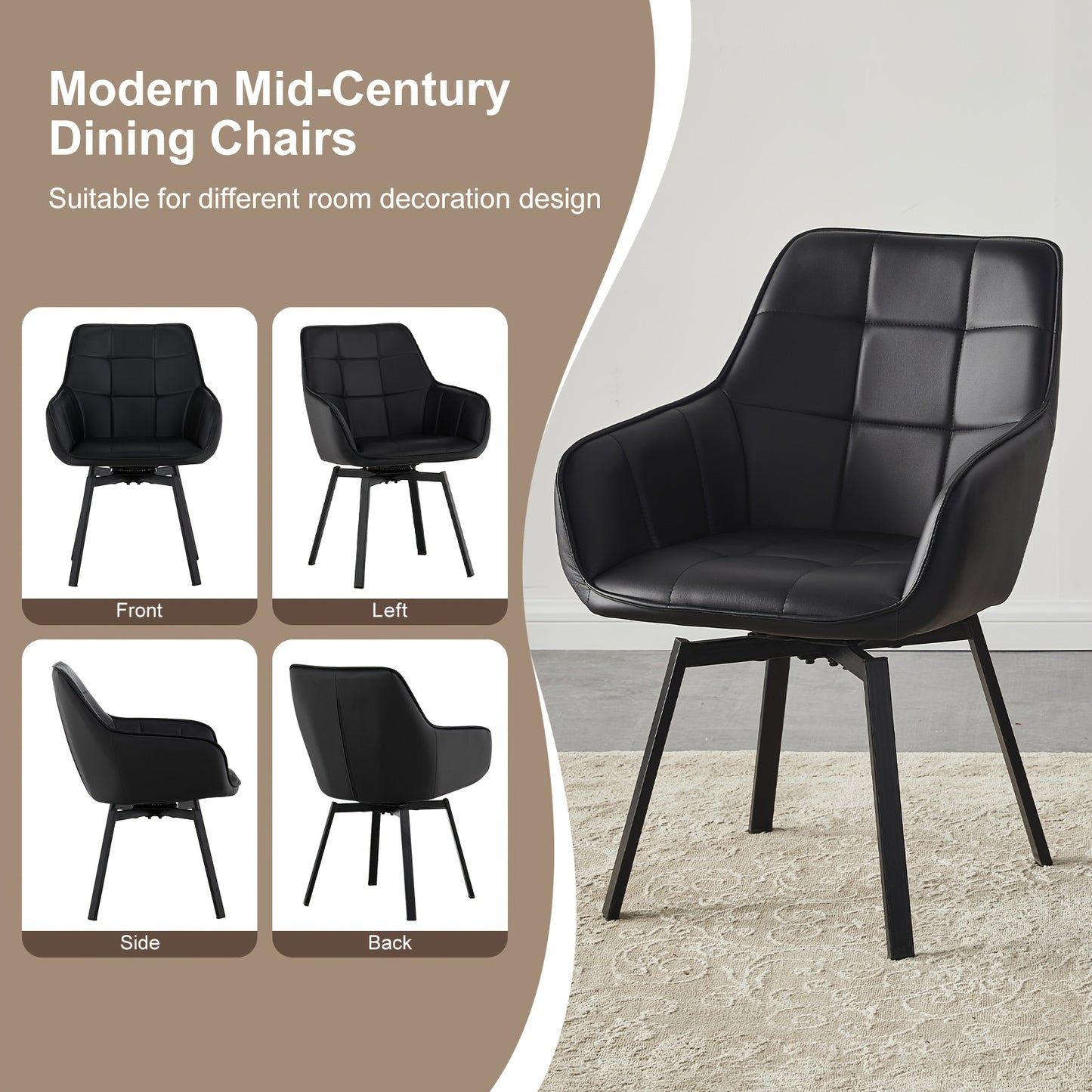 Lot de 2 chaises de salle à manger, fauteuils pivotants à accoudoirs en simili cuir avec assise rembourrée épaisse et pieds en métal, fauteuils de détente rotatifs pour la maison, la cuisine, la réception de bureau, le restaurant