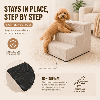Escalier pour chiens et chats – 3 marches, velours côtelé doux, dessous antidérapant, housse amovible, rampe, plateforme