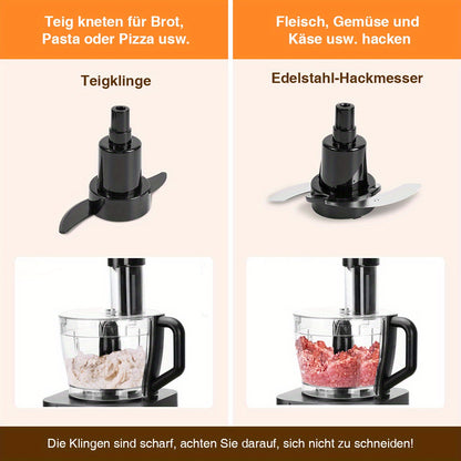 Robot culinaire 11 en 1 en acier inoxydable, robot pâtissier 750W, machine à pâte 1.8L, robot 1.2L, 5 niveaux de vitesse, avec hachage, mélange, pétrissage, broyage, fouet, extraction de jus