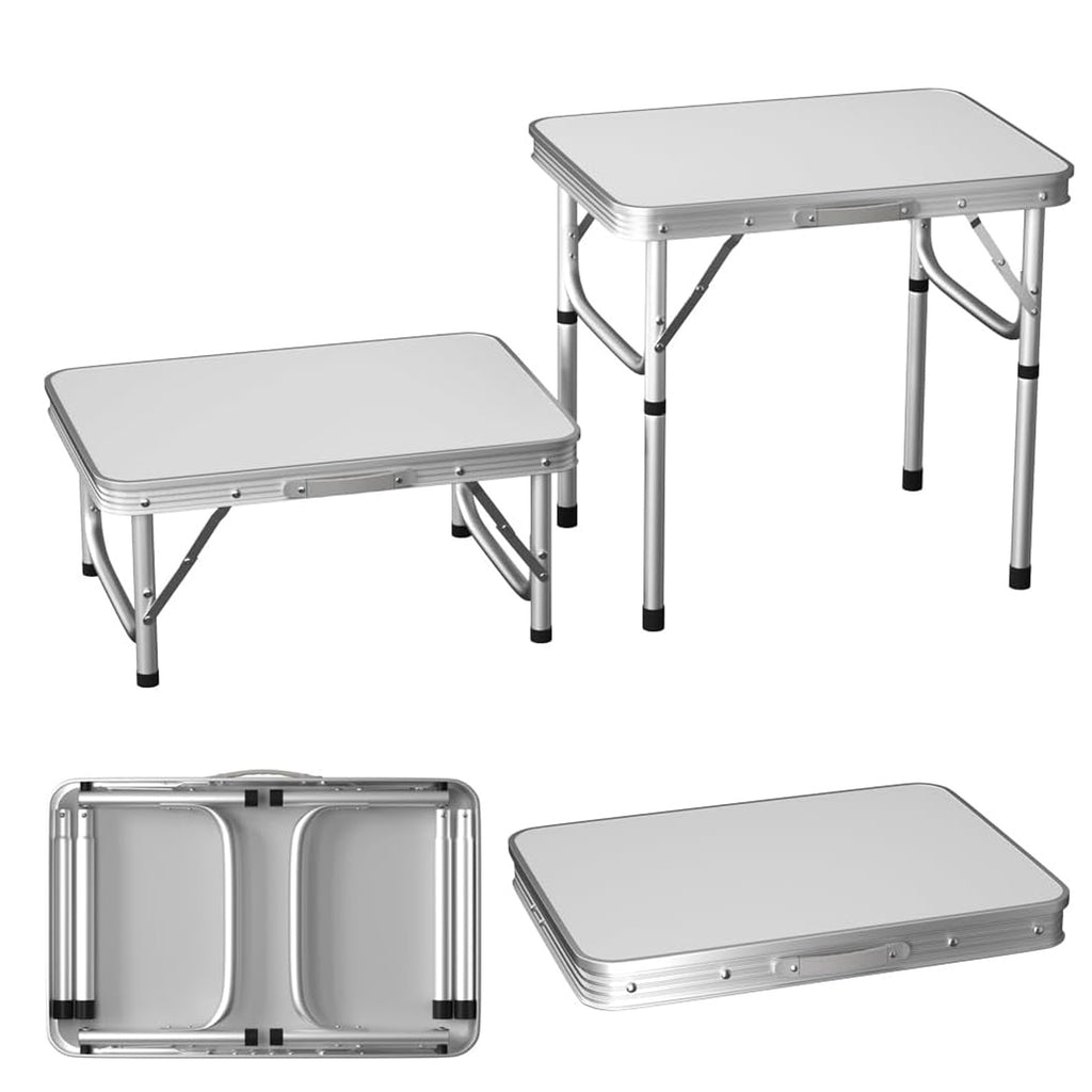 Table pliante 2 pieds robuste à hauteur réglable, table de camping portable avec poignée de transport, pour intérieur extérieur jardin fête BBQ 60x45x26/56 cm en aluminium, bureau BBQ pour cuisine extérieure