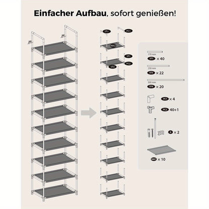 Étagère à chaussures 10 niveaux pour couloir et vestiaire, gain de place et étroite avec cadre métallique solide et polaire, pour l'entrée, la chambre, étagères amovibles, 6 kg par niveau