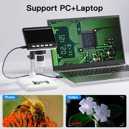 Microscope numérique HD professionnel avec grossissement 1200x et système 8-LED, USB/piles - Convient pour PC, compatible pour PC, pour réparation électronique, soudure, inspection de pièces de monnaie, microscope de laboratoire de joaillerie pour explora