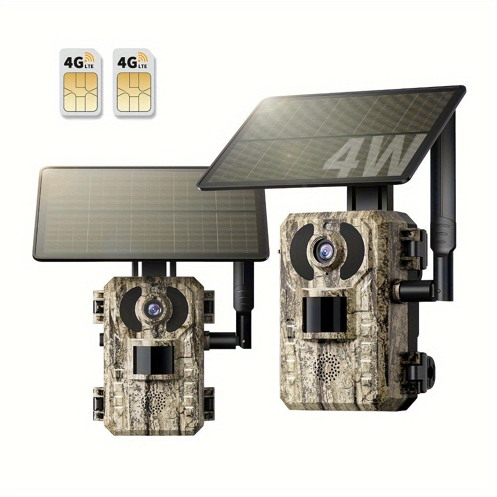 2 Caméras Cellulaires 4G LTE avec Vue en Direct 2.7K, Vision Nocturne Ultra HD, Carte SIM Intégrée, Accès Téléphonique à Distance, Fonction d'Activation de Mouvement en 0,2s, Panneau Solaire pour Zones sans Signal WiFi, Idéal pour la Chasse en Plein Air