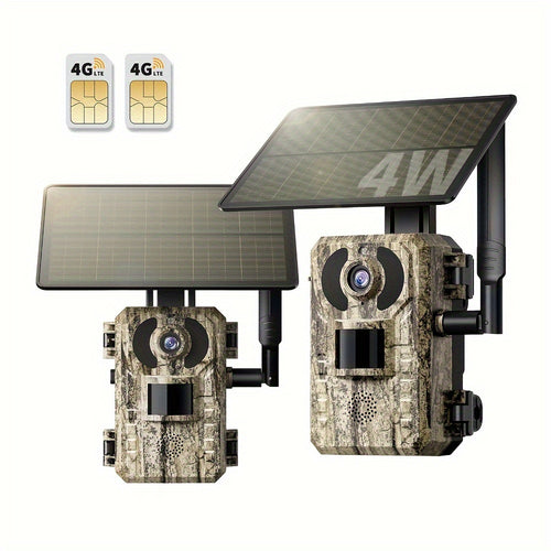 2 Caméras Cellulaires 4G LTE avec Vue en Direct 2.7K, Vision Nocturne Ultra HD, Carte SIM Intégrée, Accès Téléphonique à Distance, Fonction d'Activation de Mouvement en 0,2s, Panneau Solaire pour Zones sans Signal WiFi, Idéal pour la Chasse en Plein Air