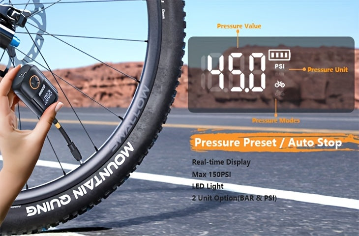 Pompe à air électrique ultra-compacte avec manomètre numérique LCD et batterie rechargeable USB-C pour vélos, motos, ballons et pneus - gonfleur portable pour équipements et urgences