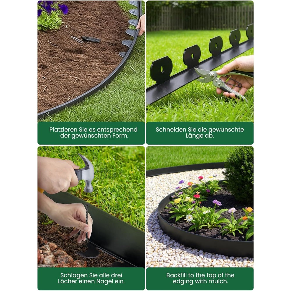 Bordure de pelouse flexible en plastique noir avec ancrages au sol, une bordure de jardin invisible pour pelouses et parterres de fleurs