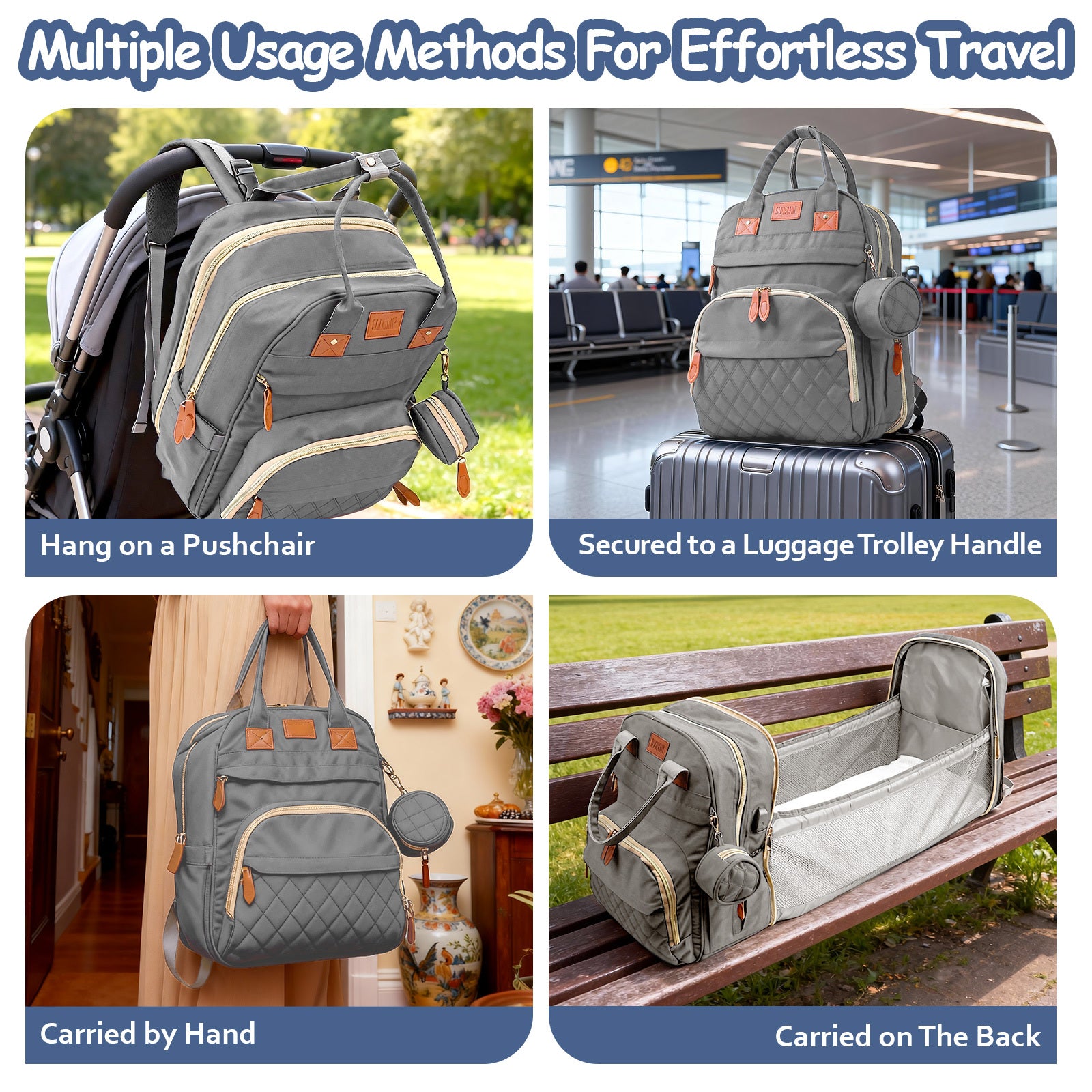 Sac de cheval pour maman GROVY, sac multi-poches avec plusieurs compartiments, sac à dos multifonctionnel décontracté pour l'extérieur, léger, grande capacité pour l'organisation des essentiels des couches