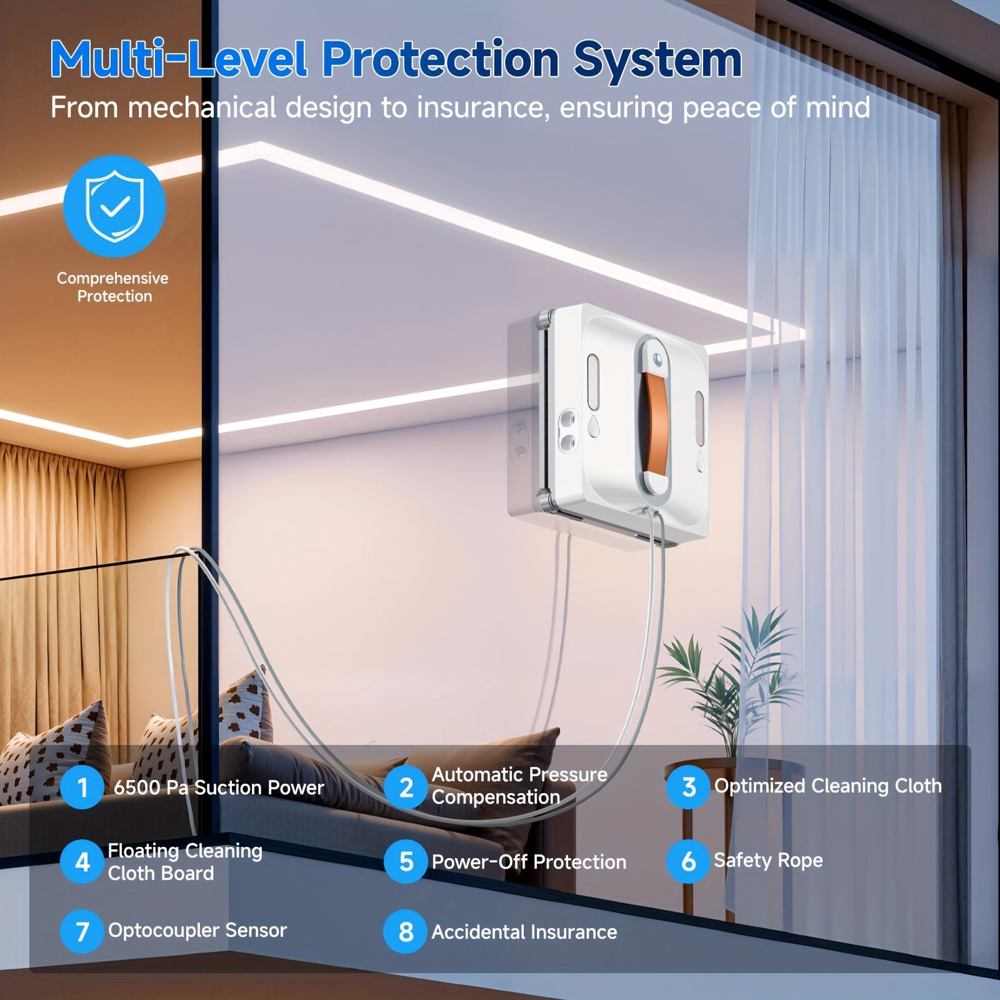 Robot Nettoyeur de Vitres Lubluelu, Système Amélioré de 4 Jets d'Eau et Protection Sécurisée à 8 Couches, Puissance d'Aspiration de 6,5 KPa, Capteurs -Chute et de Détection de Bord, pour Fenêtres en Hauteur, Carrelages et Verres, Cadeau de Noël