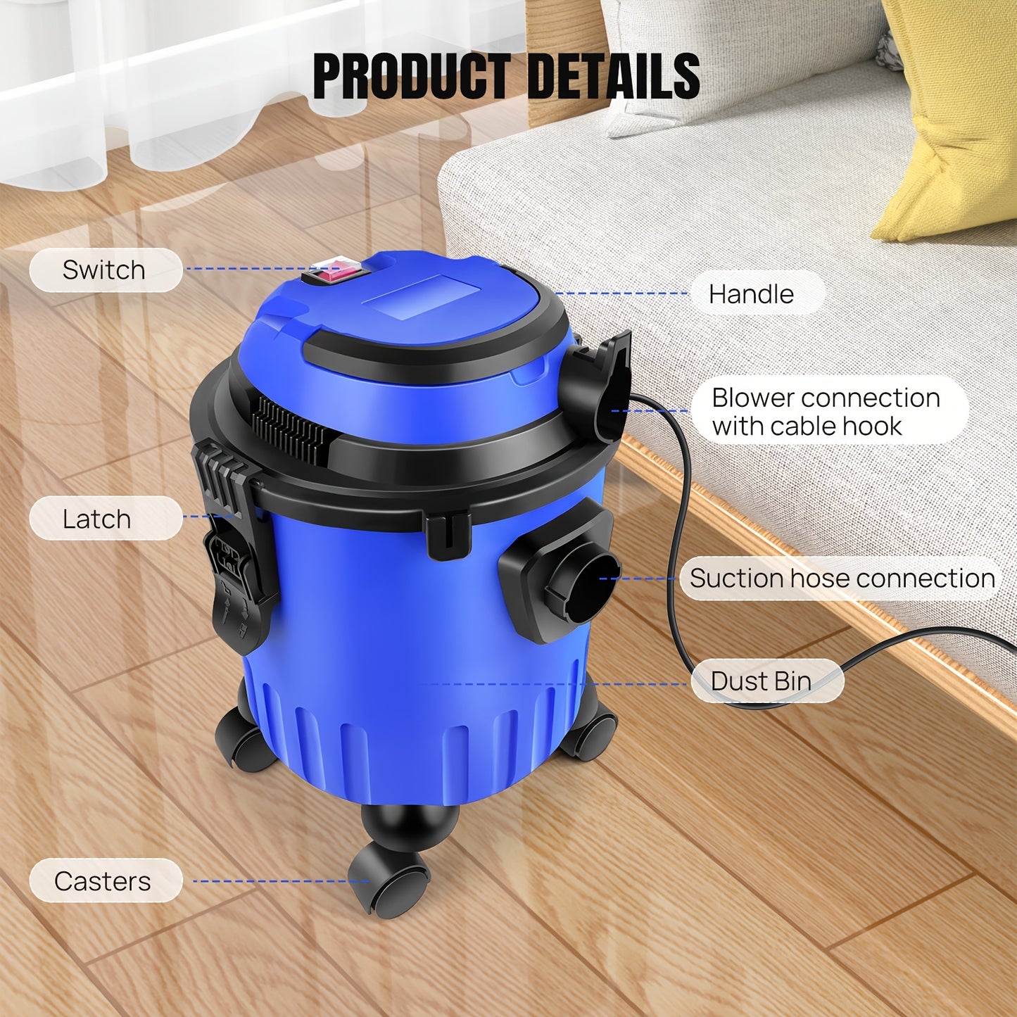 Aspirateur 3-en-1 pour sols secs et humides, extracteur de poussière industriel avec moteur puissant, fonction de soufflage, réservoir de 15L, prise d'énergie et filtres HEPA lavables, pour atelier domestique et usage professionnel