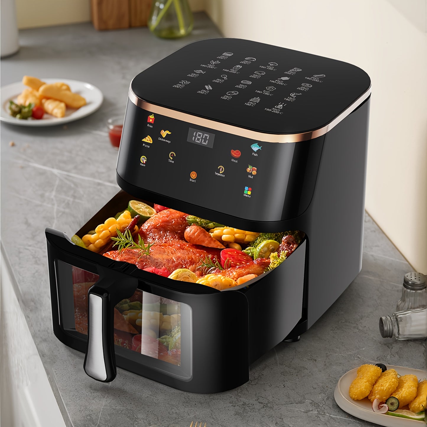 Friteuse à air visible avec fenêtre 10.5L, Technologie à air rapide, 90% moins d'huile, Économie d'énergie, 7 profils prédéfinis, Antiadhésive, Lavable au lave-vaisselle, Affichage numérique, Bouton +1 minute, Puissance 1800W