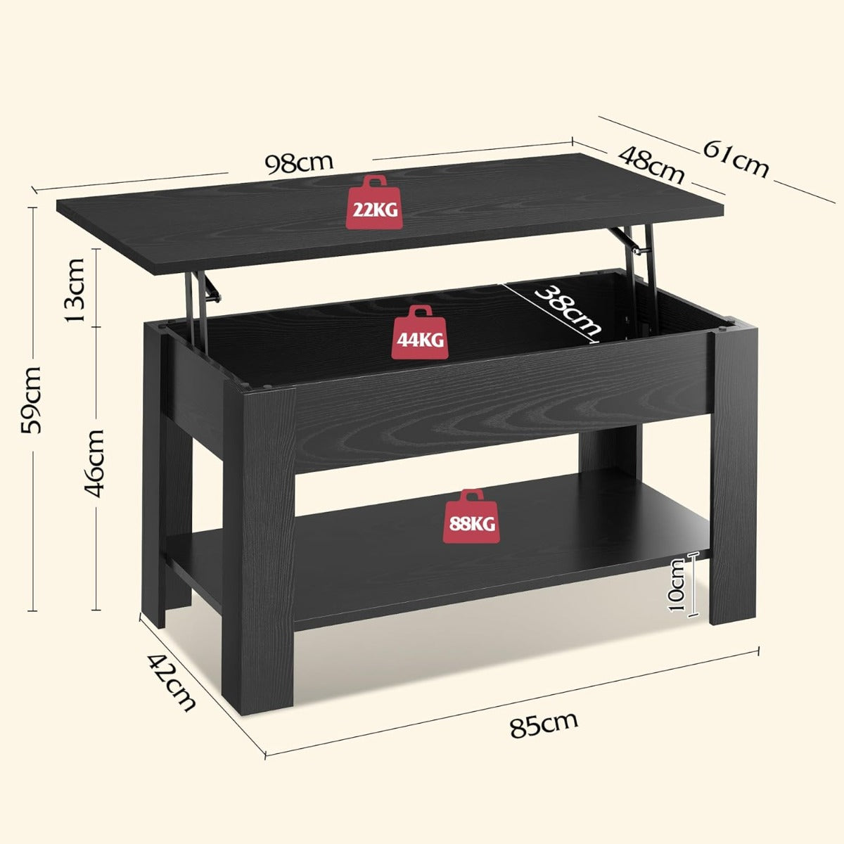 Table Basse Réglable en Hauteur avec Étagère, Table de Salon Rectangulaire avec Espace de Rangement Ouvert et Caché, Table de Salon pour Salon, Chambre à Coucher