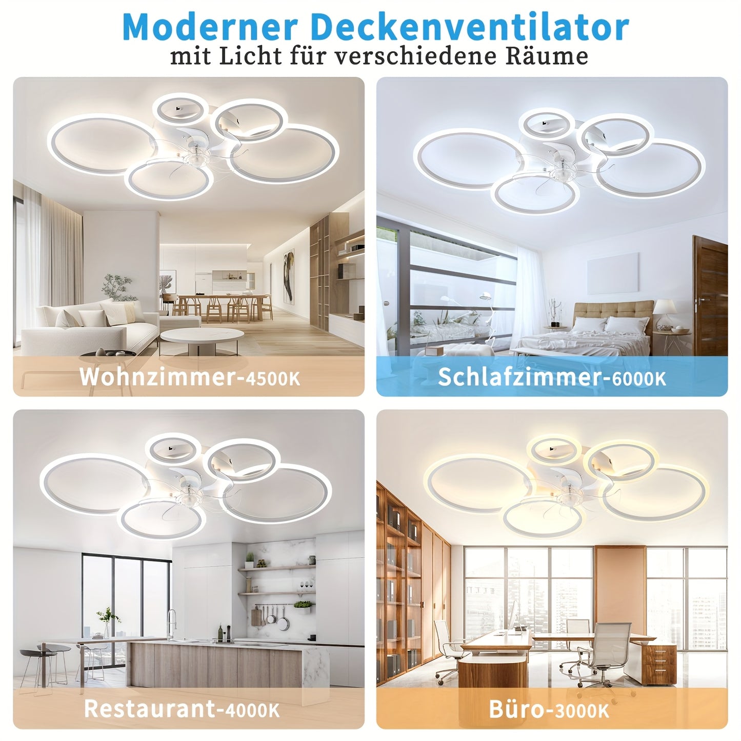 Lampe avec ventilateur moderne LED dimmable, plafonnier avec éclairage silencieux réversible pour salon, télécommande et application, 6 vitesses, minuterie, DC-blanc