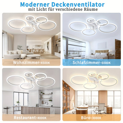 Lampe avec ventilateur moderne LED dimmable, plafonnier avec éclairage silencieux réversible pour salon, télécommande et application, 6 vitesses, minuterie, DC-blanc