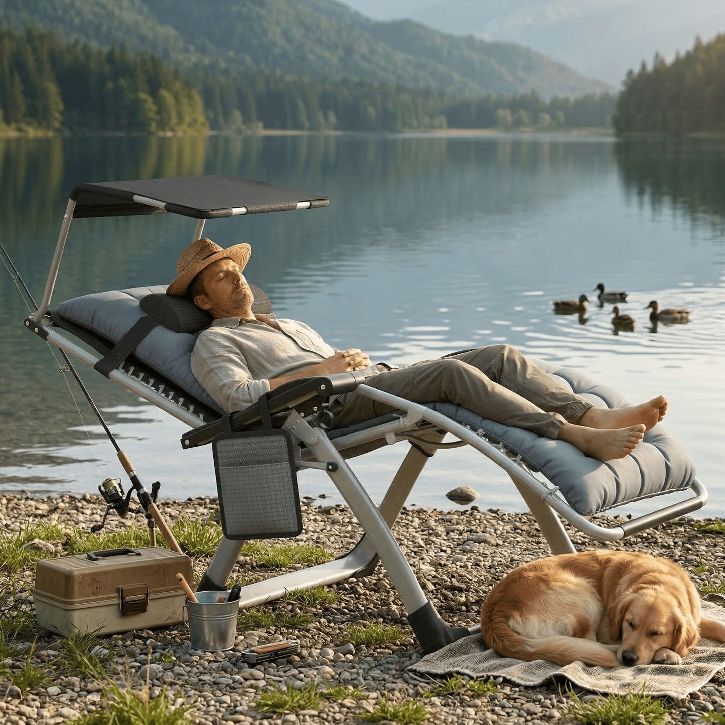 Lounge de soleil avec auvent, chaise longue pliable, très large, dossier réglable, coussin épaissi ergonomique, oreiller cervical, poches latérales, porte-gobelets, gris noir, gris clair, beige
