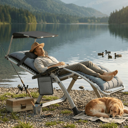 Lounge de soleil avec auvent, chaise longue pliable, très large, dossier réglable, coussin épaissi ergonomique, oreiller cervical, poches latérales, porte-gobelets, gris noir, gris clair, beige