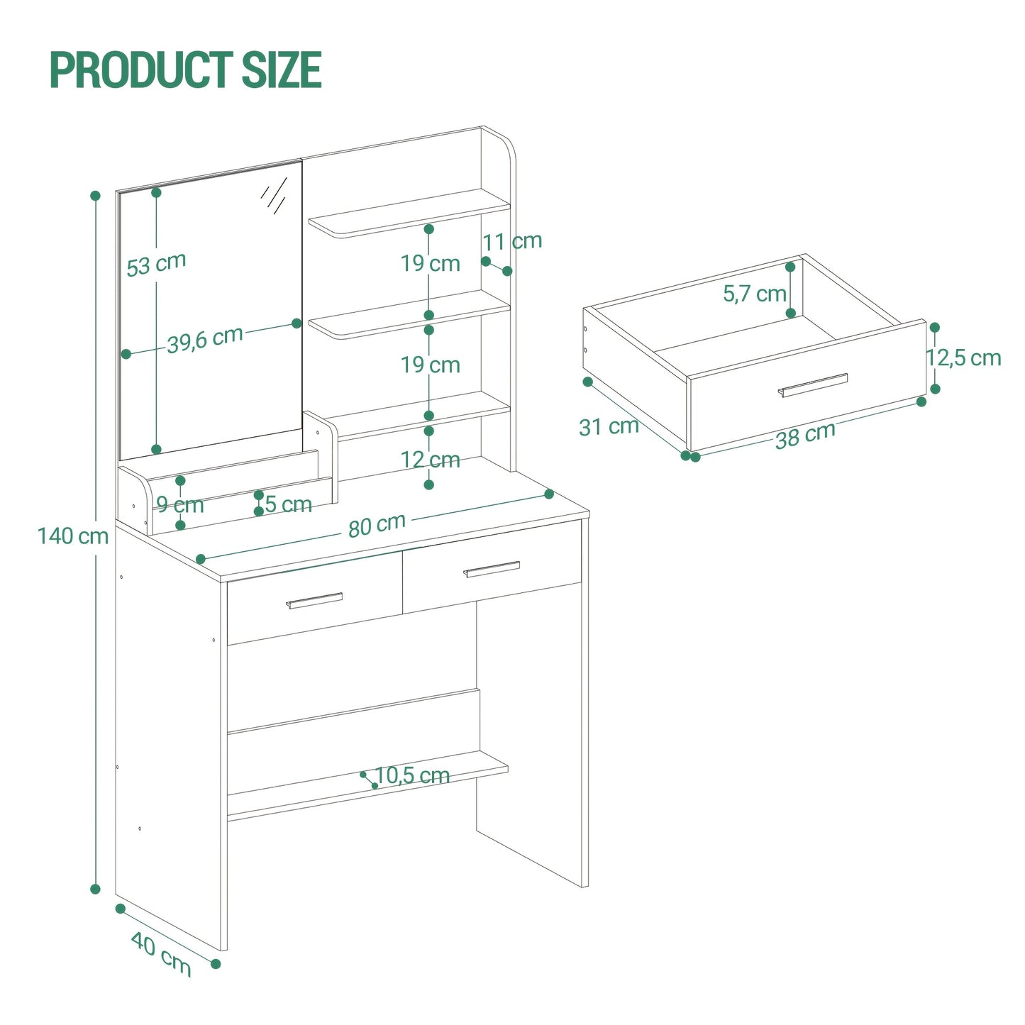 Bureau à vanité avec miroir, un meuble avec quatre étagères ouvertes et deux compartiments, ainsi que deux tiroirs, idéal pour la chambre ou le salon, couleur blanc