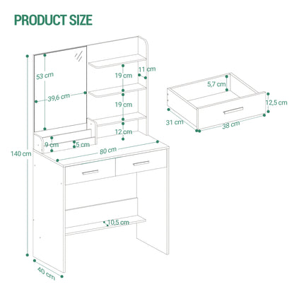 Bureau à vanité avec miroir, un meuble avec quatre étagères ouvertes et deux compartiments, ainsi que deux tiroirs, idéal pour la chambre ou le salon, couleur blanc
