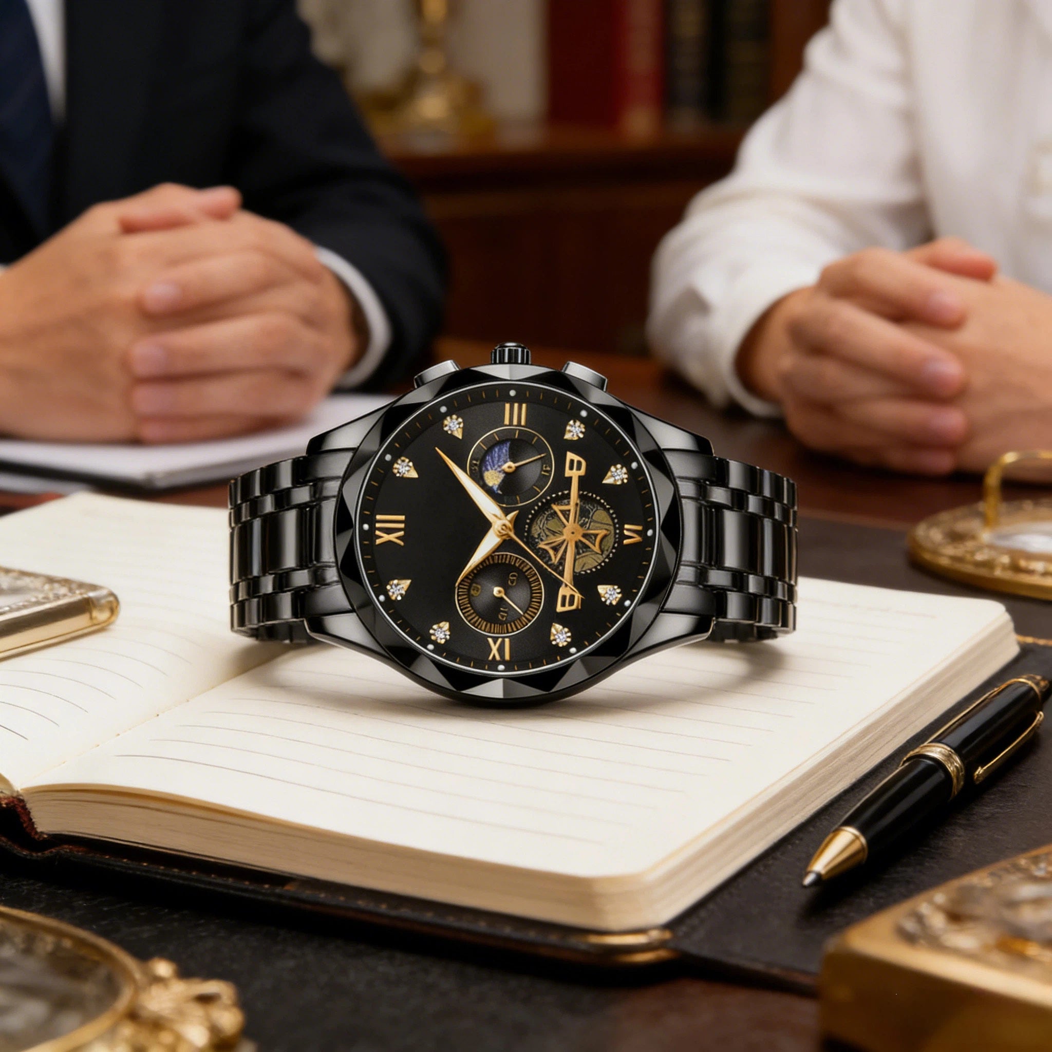 Montre luxueuse en acier inoxydable à écailles, montre entièrement en acier inoxydable massif, premier choix pour les cadeaux d'affaires (Le produit n'inclut pas de boîte en bois)
