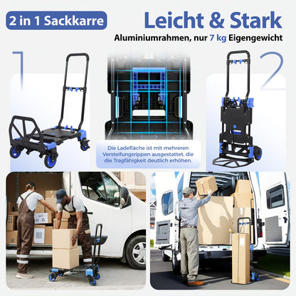 Chariot à bras pliant, Chariot de transport pliant 2-en-1 (150 kg et 80 kg), Chariot de transport robuste, Chariot plateforme avec une capacité de charge allant jusqu'à 150 kg, Chariot de transport avec roues à double roulement en TPR, frein, patin antidé