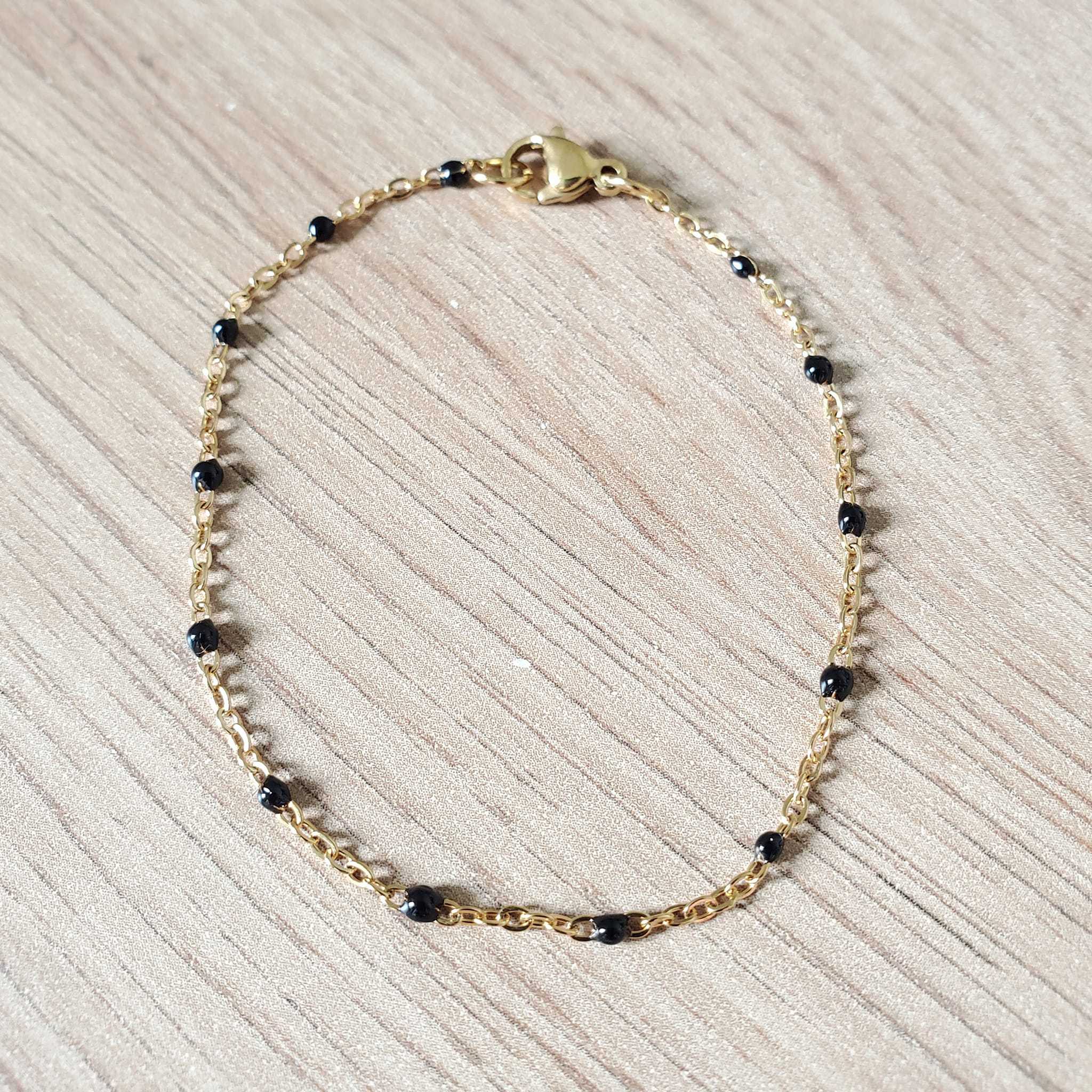 Bracelet perles d'email chaine acier inoxydable couleur or artisanal fait main