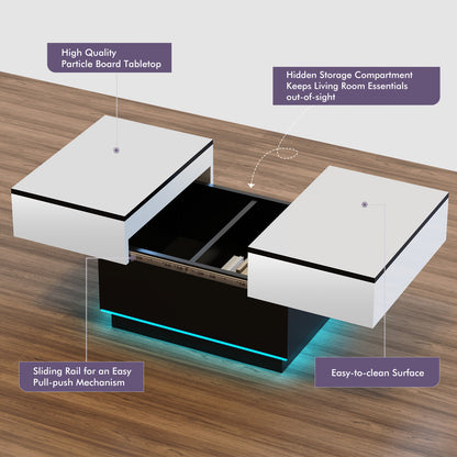 Table basse blanche, table de salon, table d'appoint avec 2 étagères de rangement, 80x58x40 cm, plateau extensible avec bande lumineuse RVB, meuble moderne pour salon, salle de conférence
