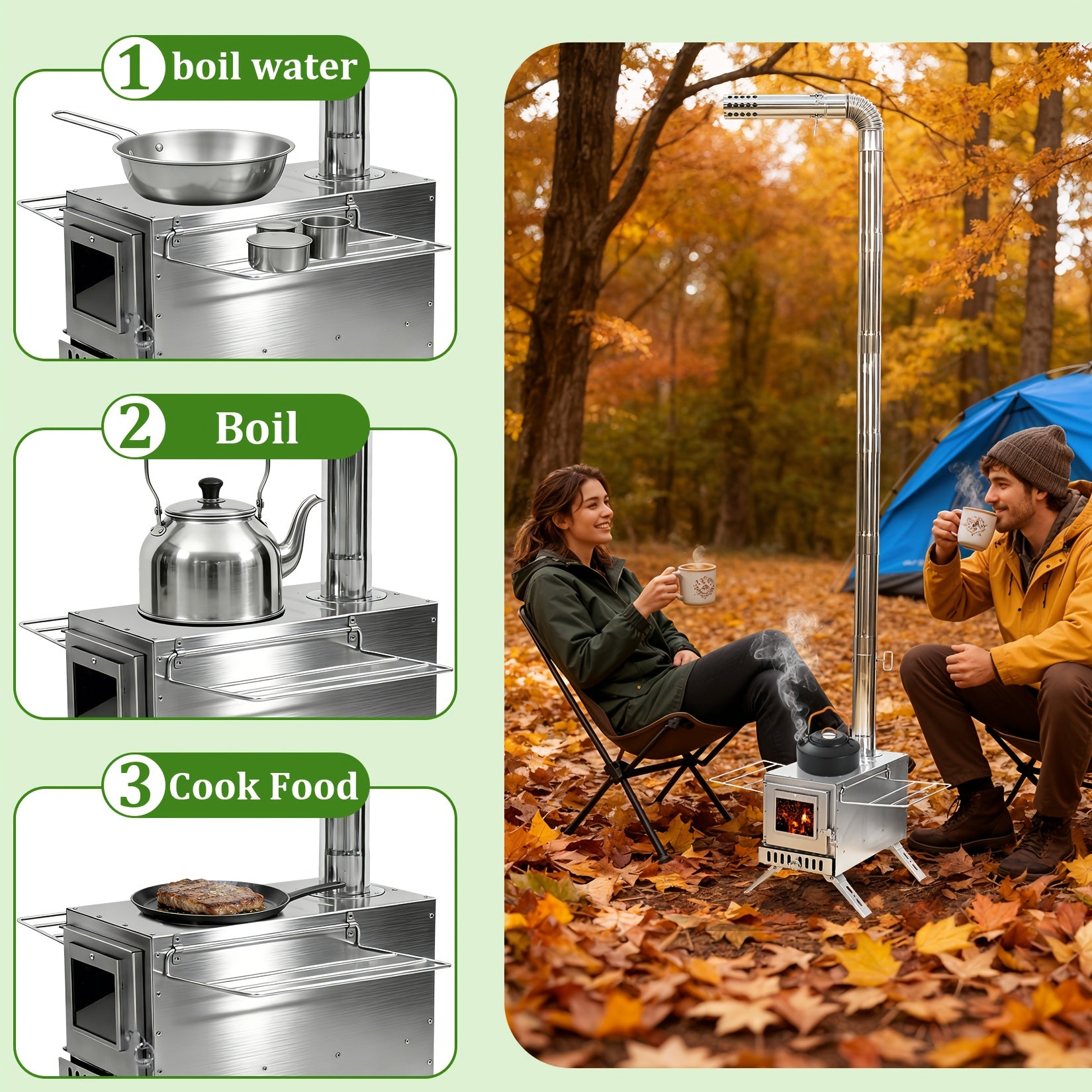 Poêle à bois pour tente, cheminée en acier inoxydable en 7 sections, poêle portable pour tente chauffante, camping, chasse, pêche sur glace