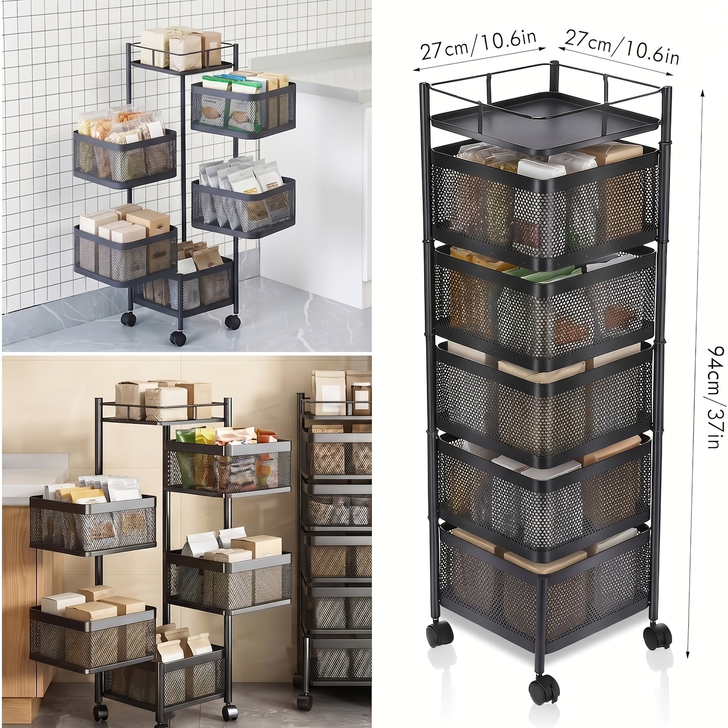 Chariot de cuisine universel multifonctionnel avec étagère, panier de rangement et conteneur sur roulettes, organisateur d'étagère pour cuisine, salle de bain et bureau, noir, 5 compartiments