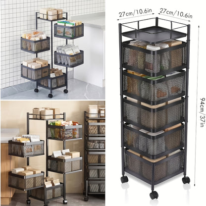 Chariot de cuisine universel multifonctionnel avec étagère, panier de rangement et conteneur sur roulettes, organisateur d'étagère pour cuisine, salle de bain et bureau, noir, 5 compartiments