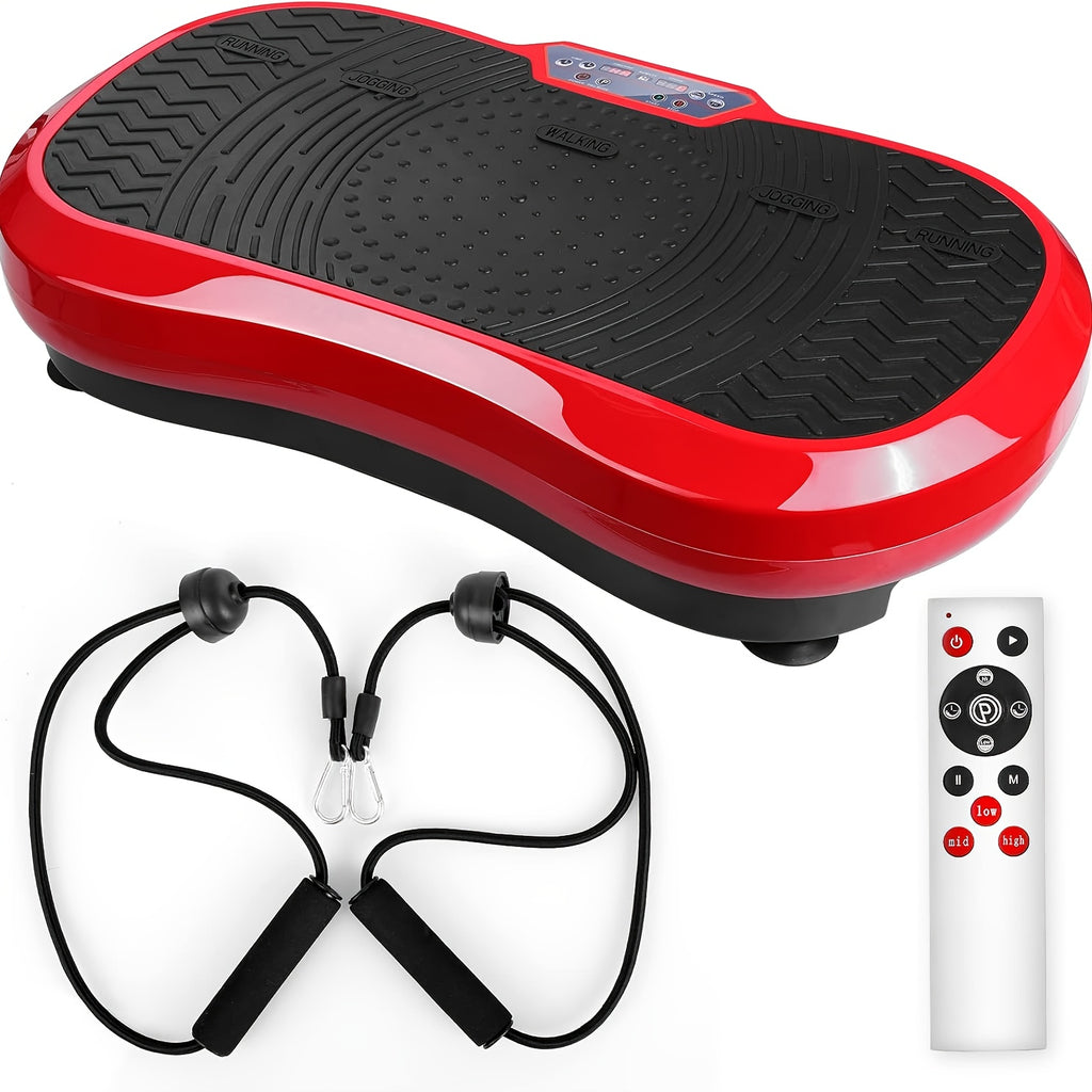 Plaque de vibration | 120 niveaux d'intensité, 10 modes d'entraînement, moteur silencieux, équipement de gym à domicile, entraînement complet du corps, avec télécommande, masseur, capacité de poids de 180 kg, pour hommes et femmes, rouge, matériau en fer,