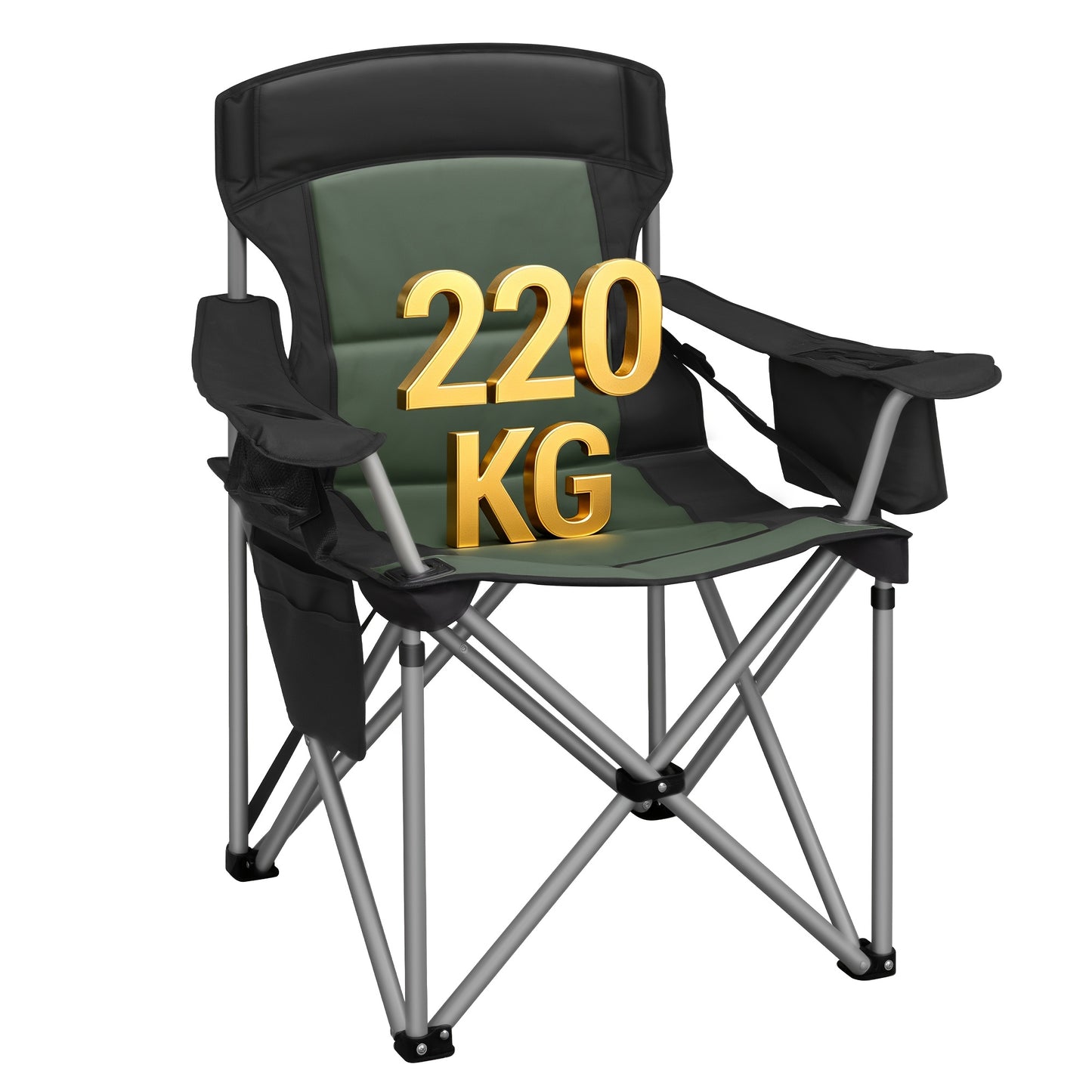 Chaise de camping, capacité 220 kg, chaise de camping pliante avec sac isotherme, porte-gobelet, sac de transport, dossier haut, confortablement rembourrée, chaise de pêche, chaise pliante pour jardin, balcon, plage, noir et vert/noir et gris/noir et oran