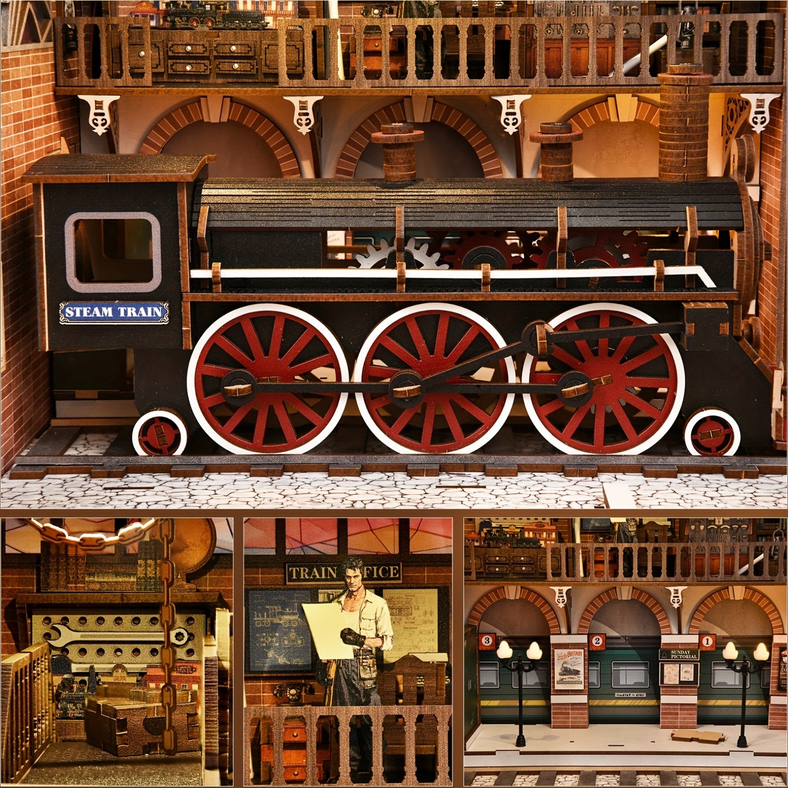 1 pc modèle de train bibliothèque 3D cottage, kit décoration architecture train, décoration miniature bureau maison cosy, ornement chambre parfait, cadeau idéal Saint-Valentin Thanksgiving Halloween Noël