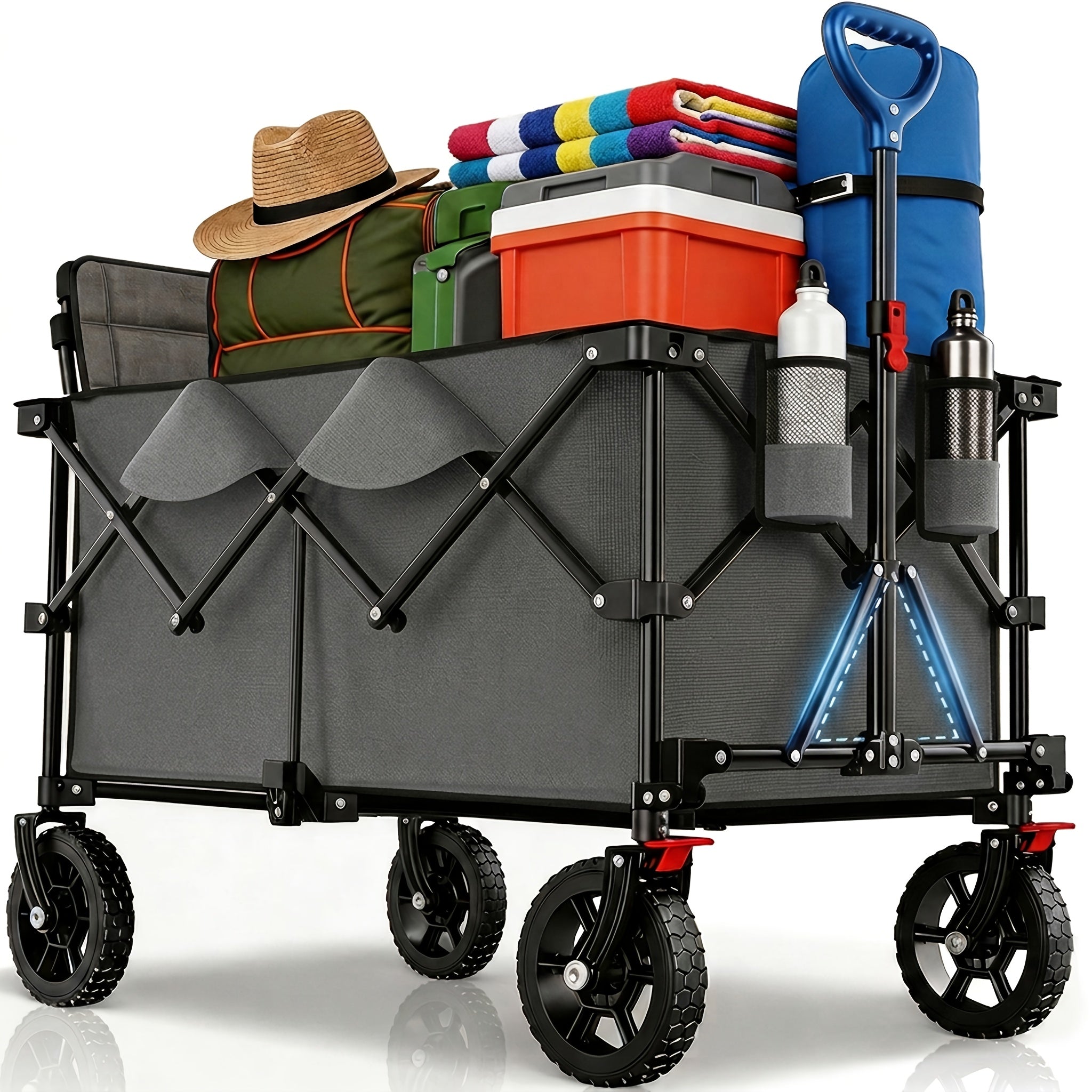Chariot Pliant XXL Plus 200L Capacité de Charge 300KG, Chariot Pliable Adapté à l'Utilisation Hors Route avec Freins, Chariot Pliable dans Quatre Directions, Vert Olive/ Gris/ Bleu/ Noir