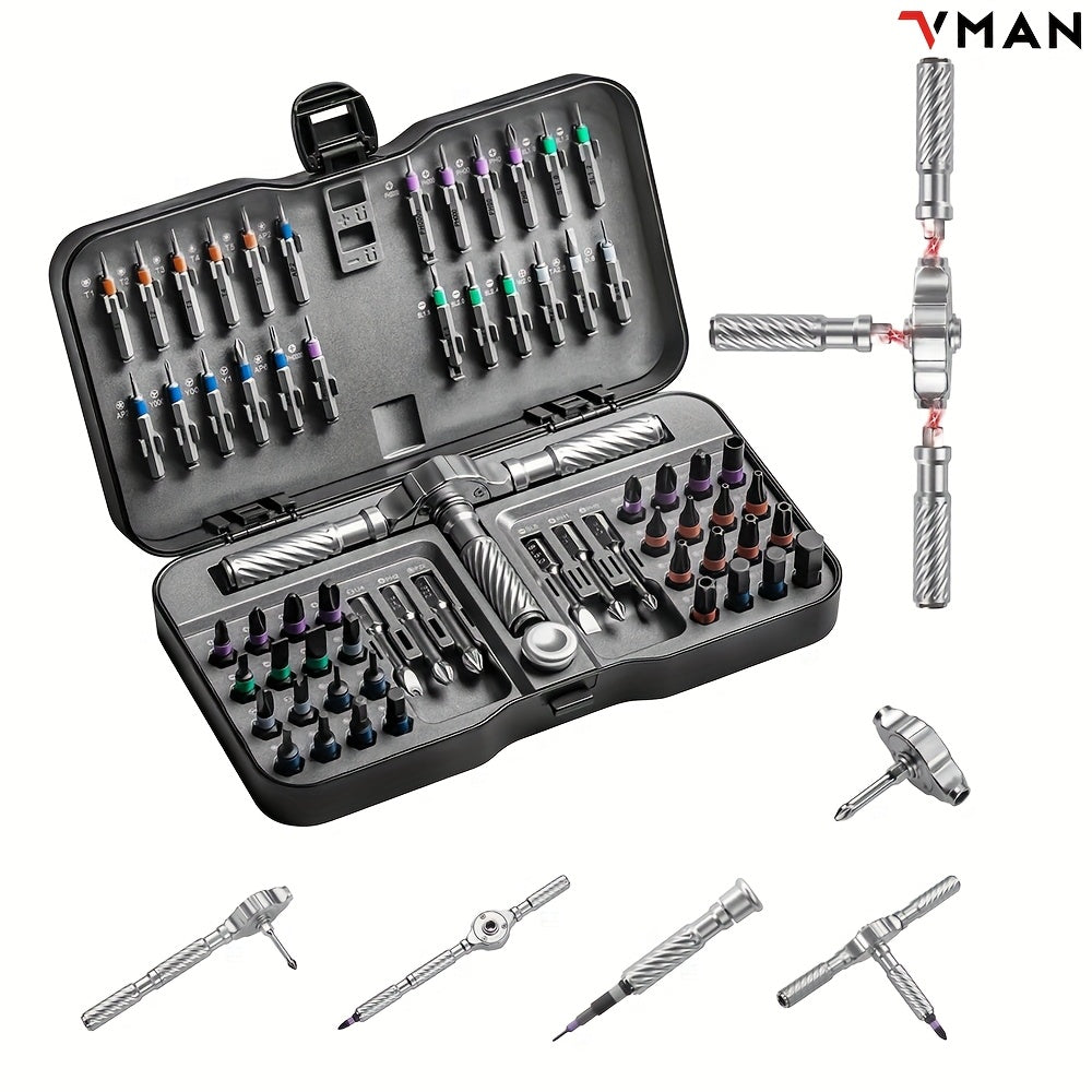 Un kit de tournevis à cliquet 66-en-1 avec 62 embouts magnétiques. Ce ensemble portable comprend une poignée multifonctionnelle avec un aimantateur et un capuchon rotatif, ce qui le rend idéal pour les appareils de précision comme les montres, les lunette