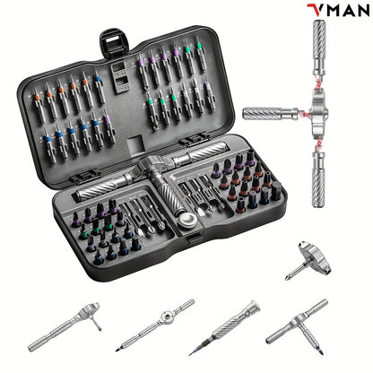 Un kit de tournevis à cliquet 66-en-1 avec 62 embouts magnétiques. Ce ensemble portable comprend une poignée multifonctionnelle avec un aimantateur et un capuchon rotatif, ce qui le rend idéal pour les appareils de précision comme les montres, les lunette