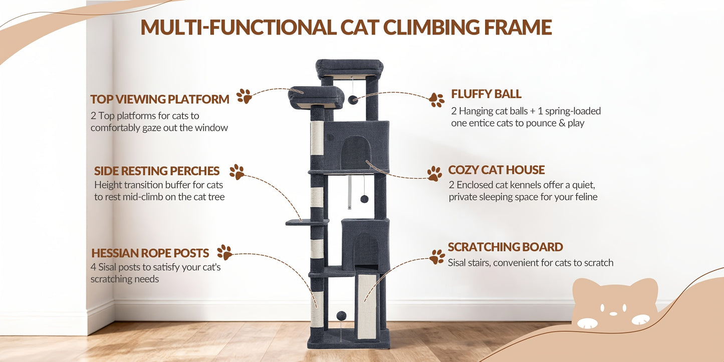 Fobyfurny Arbre à Chat Tour, Arbre à Chat 178cm pour Chats d'Intérieur, Cadre d'Escalade pour Chat Multi-Niveaux avec Griffoirs, Planche à Gratter, 2 Condos Confortables, 2 Perchoirs, Pompons, Place de Repos