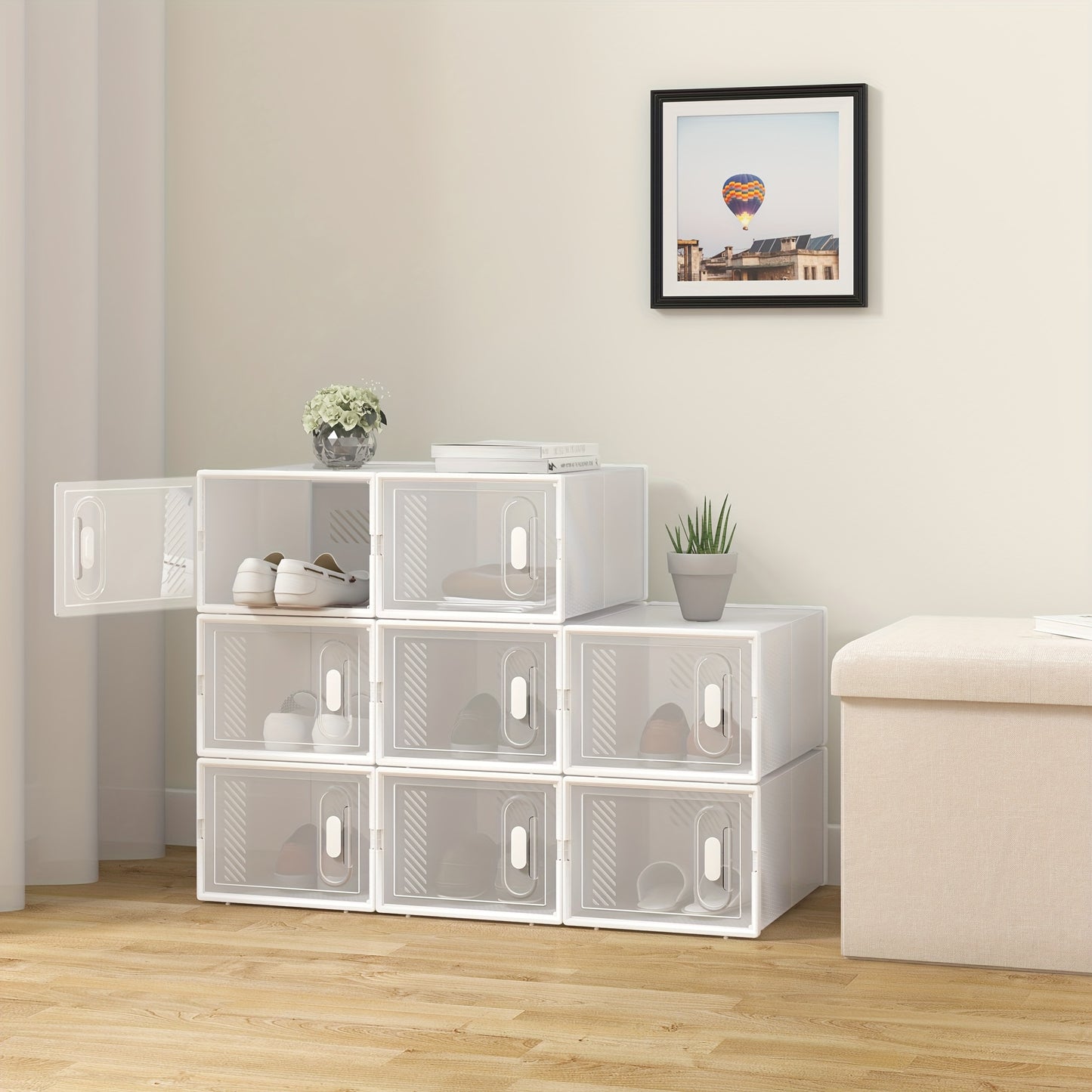 Boîte à chaussures empilable, Boîte à chaussures avec porte magnétique, Boîte en plastique pour rangement de chaussures, Organisateur de chaussures pliable pour tailles inférieures à 42, 35X19X25 Cm