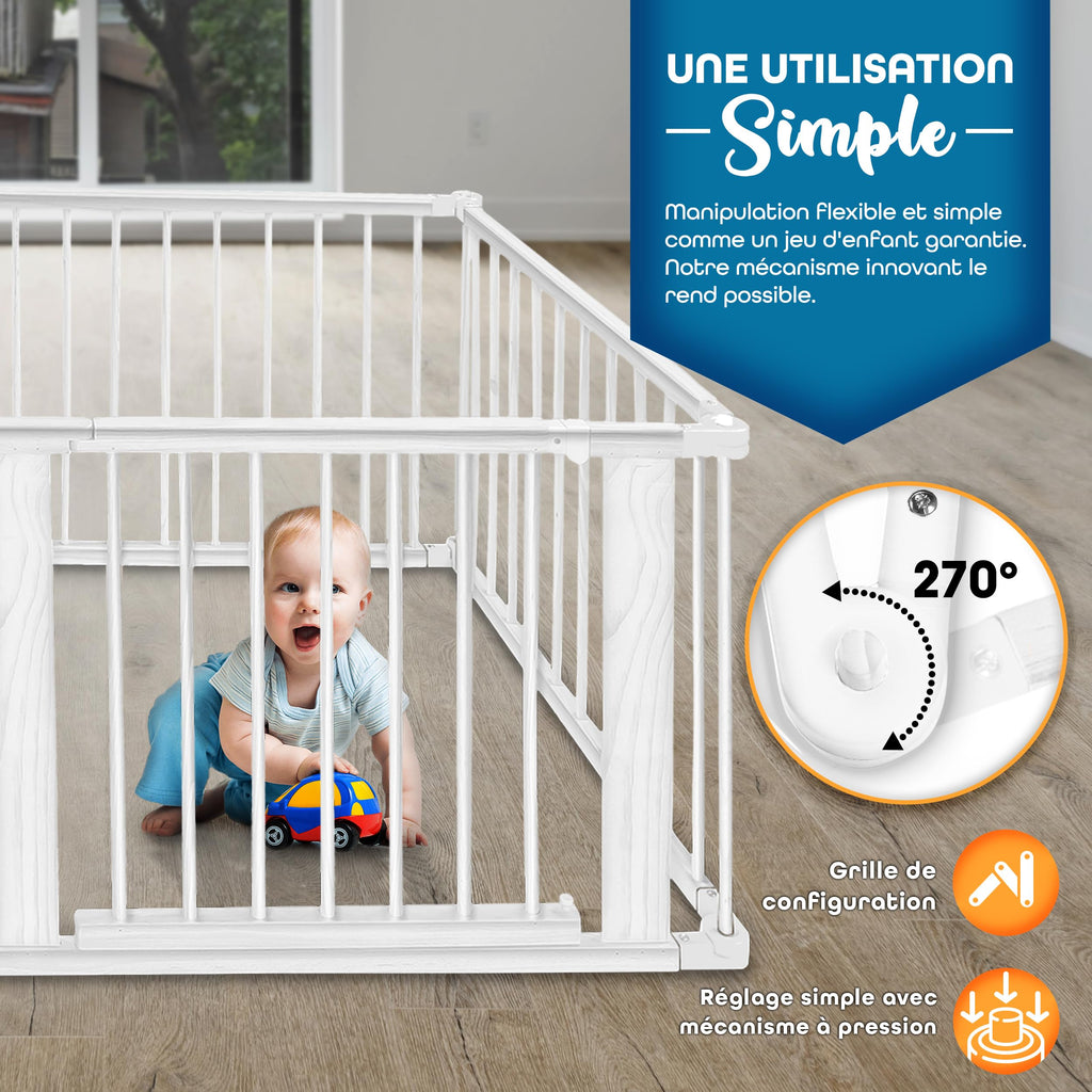 KIDUKU® Parc bébé pliable XXL de 7,2 mètres avec porte | Parc en bois avec double sécurité | Parc pliable pour enfants avec 8 éléments