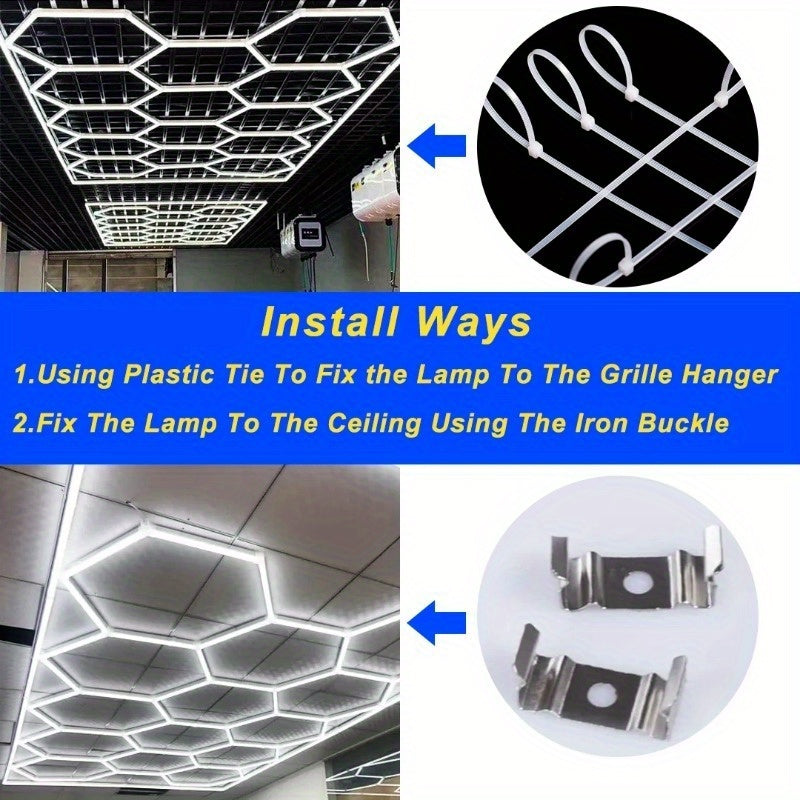 Lumière LED hexagonale 5 grilles/8 grilles/10, 14 grilles avec bordure, 6500K super brillante, facile à installer, design durable pour garage, atelier beauté auto, atelier, salle d'exposition, salle de sport