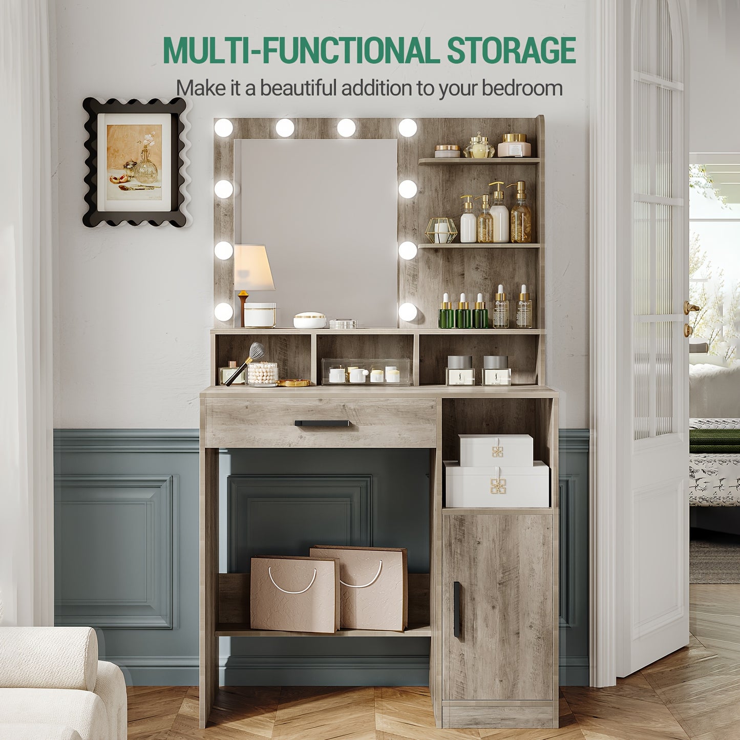 Coiffeuse avec Miroir et 10 Lumières LED, Coiffeuse avec 3 Étagères et 4 Compartiments Ouverts, Coiffeuse avec Grand Tiroir et Placard, 3 Niveaux d'Éclairage Réglables, Blanc, Gris Beige
