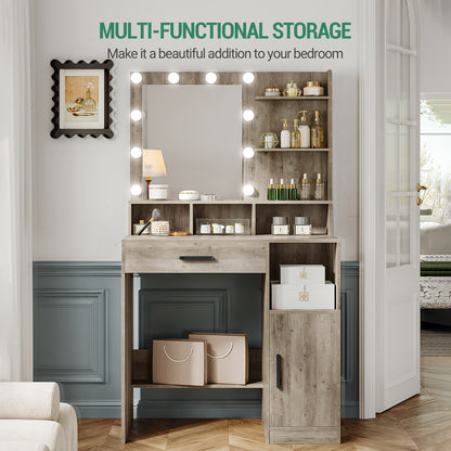 Coiffeuse avec Miroir et 10 Lumières LED, Coiffeuse avec 3 Étagères et 4 Compartiments Ouverts, Coiffeuse avec Grand Tiroir et Placard, 3 Niveaux d'Éclairage Réglables, Blanc, Gris Beige