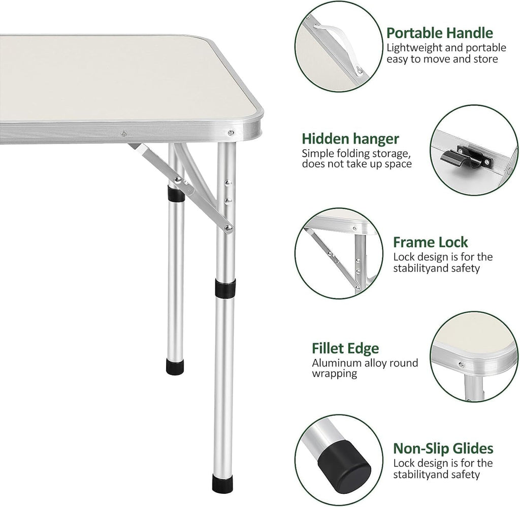 Table pliante 2 pieds robuste à hauteur réglable, table de camping portable avec poignée de transport, pour intérieur extérieur jardin fête BBQ 60x45x26/56 cm en aluminium, bureau BBQ pour cuisine extérieure