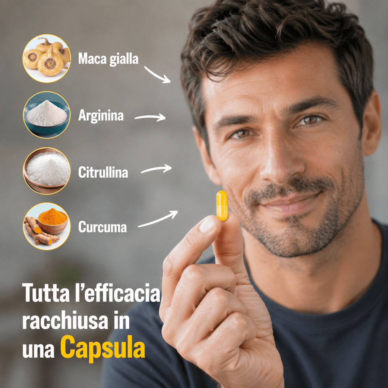 Intégrateur Homme avec Maca Jaune, Arginine, Citrulline et Curcuma - Livraison Rapide depuis le Magasin Local - 30 Capsules Fabriquées en Italie