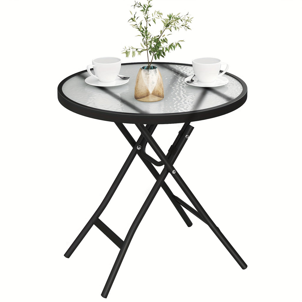 1pc Table de Pique-Nique Table Pliante Table de Balcon Table de Camping Table de Jardin Table de Bistro Cadre en Métal Verre Trempé Table Ronde Noir Plusieurs Tailles Disponibles