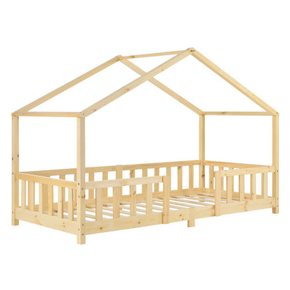 Lit pour enfants Treviolo de style maison avec protection contre les chutes en bois de pin