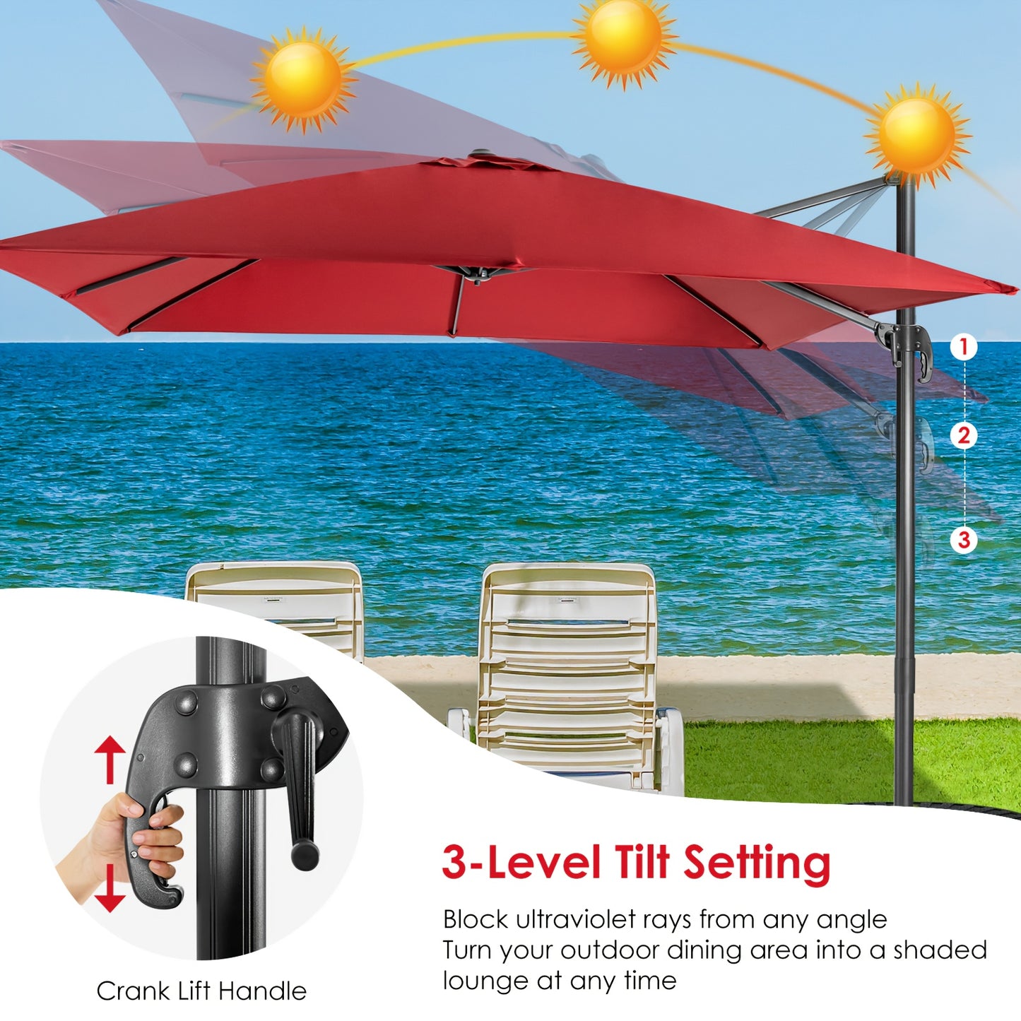 Parasol carré 300 X 300 cm, parasol de protection solaire avec cantilever rotatif à 360°, parasol de jardin inclinable, grand parasol de patio, parasol de marché pour jardins extérieurs, patios, cafés (Beige/Rouge/Café)