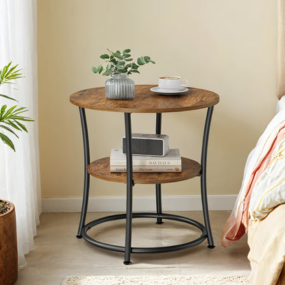 Table d'appoint compacte avec deux étagères, design rond idéal pour salons et chambres, facile à assembler, avec une structure en acier d'un style industriel