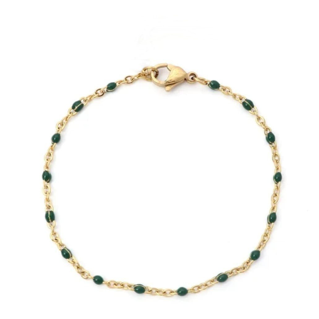 Bracelet perles d'email chaine acier inoxydable couleur or artisanal fait main